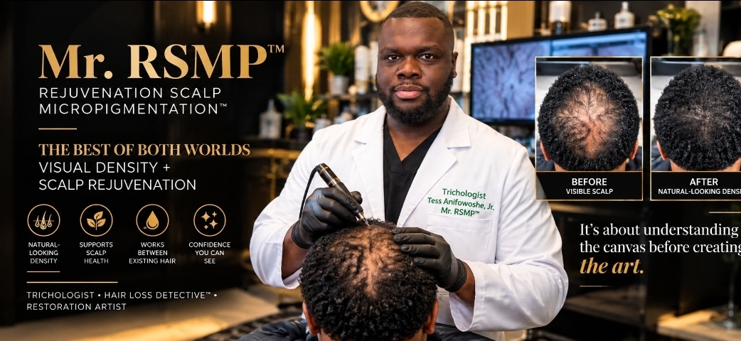 Mr. RSMP™ — Trichologist Tess Anifowoshe, Jr. performing rSMP™ density work, with a before and after showing visible scalp reduced to natural-looking density