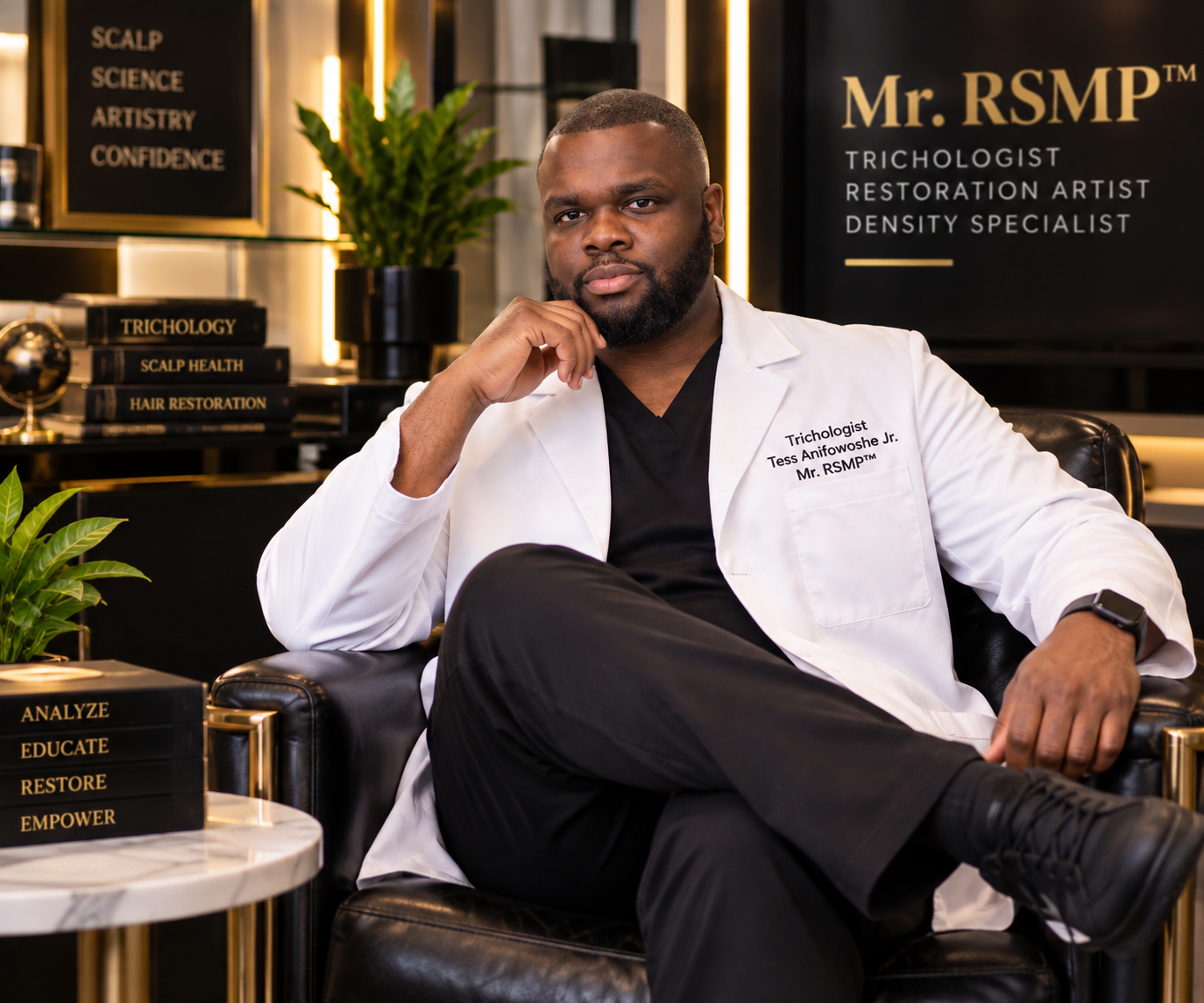 Tess Anifowoshe Jr., Mr. RSMP™, Trichologist and Restoration Artist, in the studio at Texas Hair Restoration & Wellness Center