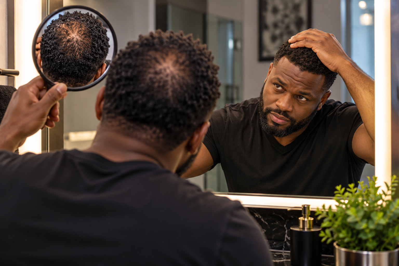 A man checking the thinning crown of his hair in a hand mirror