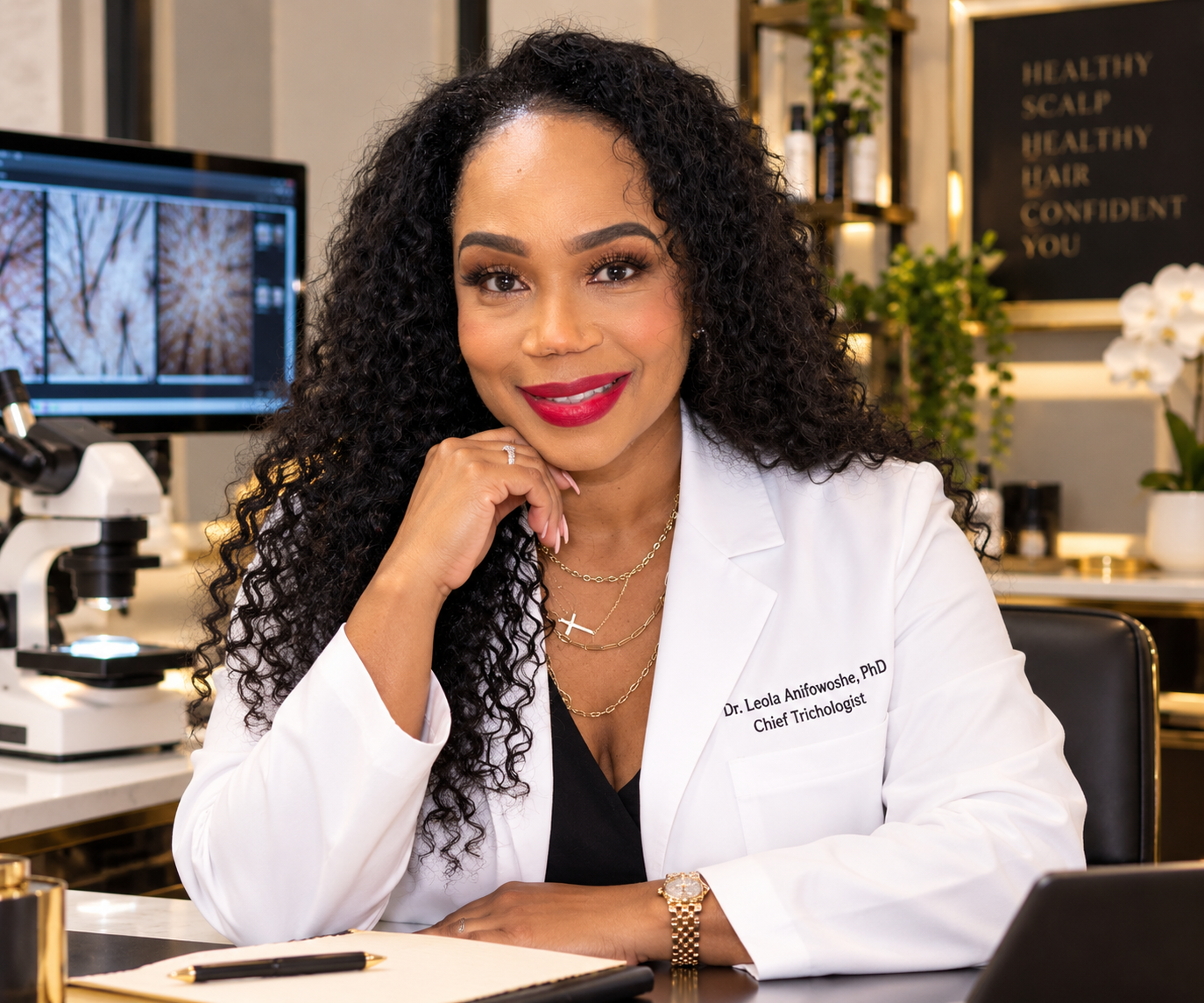Dr. Leola Anifowoshe, PhD, Chief Trichologist, in her office at Texas Hair Restoration & Wellness Center