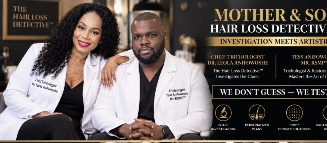 Mother & Son Hair Loss Detectives™ — Chief Trichologist Dr. Leola Anifowoshe and Tess Anifowoshe Jr., Mr. RSMP™